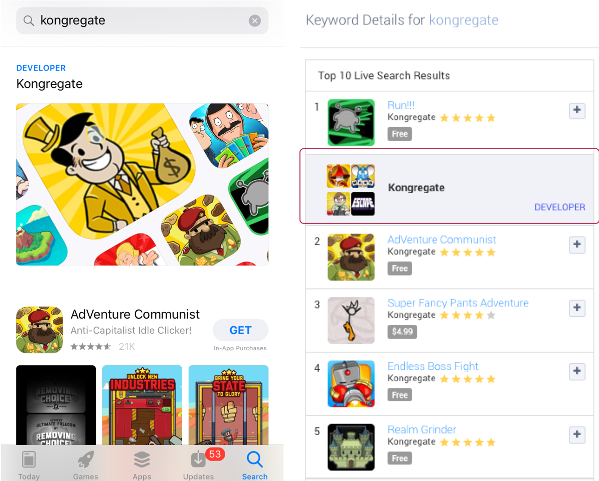 Example of a Developer Page in the Apple App Store search results on “kongregate” and in Apptweak’s Live Search Results